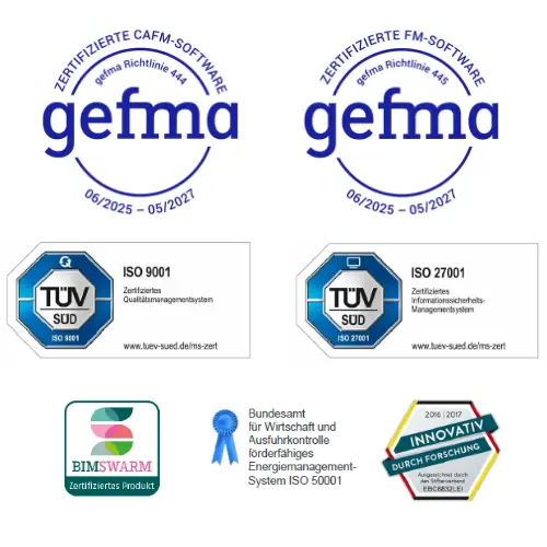Zertifizierungen der EBCsoft GmbH: GEFMA 444 und 445, TÜV