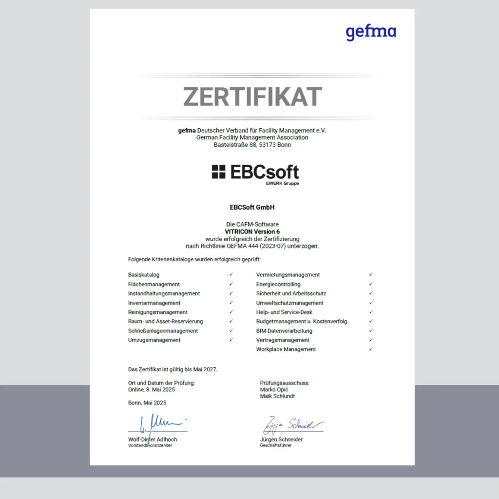 Zertifikat GEFMA 444 – CAFM | Facility Management